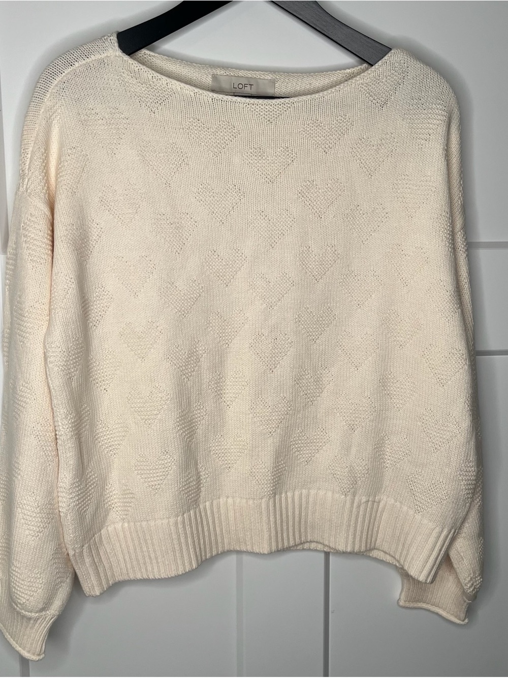 LOFT Cream Heart-Pattern Boatneck Sweater NWT Size Medium